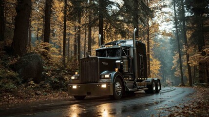 Powerful black semi-truck on rainy forest road in autumn
