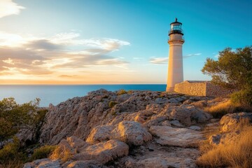 Beautiful lighthouse stands on rocky coast at sunset near tranquil ocean waters