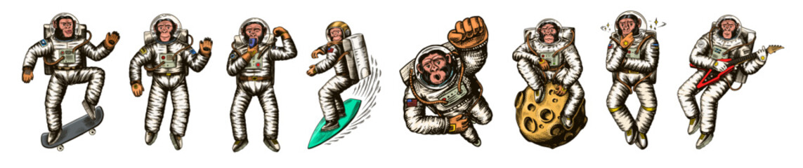 Monkey astronaut with whale, guitar, skateboard and moon. Chimpanzee spaceman cosmonaut characters set. Astronomical galaxy space. Funny cosmonaut explore adventure.Hand drawn old sketch line