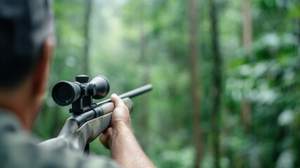 Fototapeta premium Person Holding Rifle with Scope in Lush Green Forest Environment