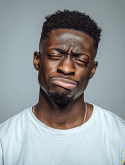 Obraz premium Portrait of a young man with a perplexed and skeptical expression wearing a plain white t-shirt against a neutral gray backdrop in studio lighting