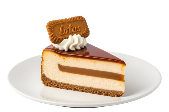 Slice of lotus biscoff cheesecake isolated on transparent background