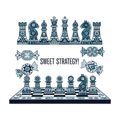 Chess pieces and candies arranged on board in blue and white design  