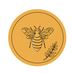 Bee illustration with leaf in minimalist style on yellow background  