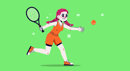 Animated girl playing tennis and reaching for a ball against green background  