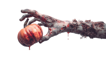 Zombie hand covered in blood holding pumpkin dripping red liquid symbolizing Halloween horror fear undead apocalypse and scary concept on white background