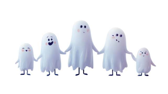 Adorable cartoon ghost family holding hands representing Halloween fun friendship togetherness spooky yet cute holiday festive concept illustration on white background - Powered by Adobe