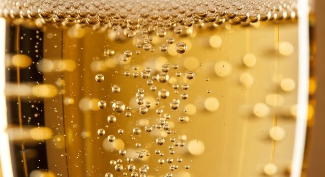 Golden champagne bubbles rise in a glass, highlighting the elegance, sparkle, and festive atmosphere of special celebrations, luxurious gatherings, and joyful toasts with friends and family.

