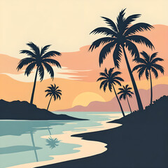 Obraz premium Minimal tropical beach sunset illustration with palm trees, calm ocean reflection, warm pastel sky, and tranquil island scenery creating a peaceful summer paradise atmosphere