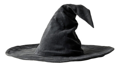 Classic black witch hat with pointed top and wide brim symbolizing Halloween magic wizard fantasy and costume concept on white background
