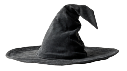 Classic black witch hat with pointed top and wide brim symbolizing Halloween magic wizard fantasy and costume concept on white background