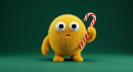 Adorable 3d fur monster with big eyes holding a peppermint cane for Christmas.