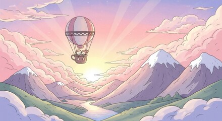 A cartoon hot air balloon floats above a sunrise-lit mountain valley, surrounded by clouds and snow-capped peaks, capturing the spirit of adventure, wonder, and freedom in a whimsical, colorful scene.