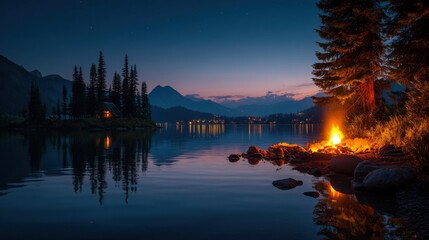 Night landscape with glowing campfire near lake surrounded by pine forest mountains and cozy cabin showing peace adventure and wilderness on white background