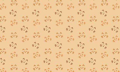 Cat face pattern with different emotions. Simple linear hand draw vector seamless ornament for textile, fabric, interior, ceramic, wallpaper, paper decoration