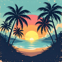 Obraz premium Vibrant tropical beach sunset with palm trees silhouette and glowing sun reflecting on calm ocean waves, pastel sky and golden light illustration capturing serene island paradise and summer landscape