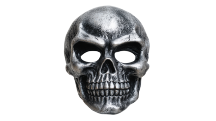 Silver metallic skull mask with detailed texture used for Halloween costume horror theme gothic decoration and scary festival concept on white background
