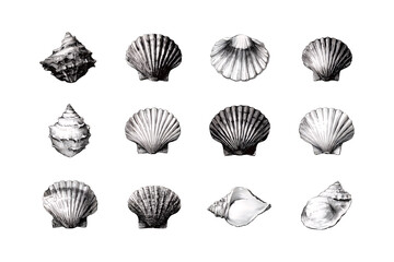 Fototapeta premium Collection of diverse seashells isolated on black displayed in grid pattern nature's intricate textures and shapes isolated on transparent background