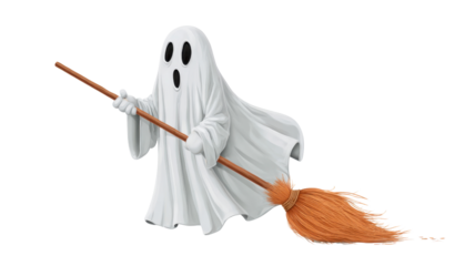 Funny cartoon ghost wearing white sheet holding broomstick flying like witch symbolizing Halloween spooky fun and fantasy character concept on white background