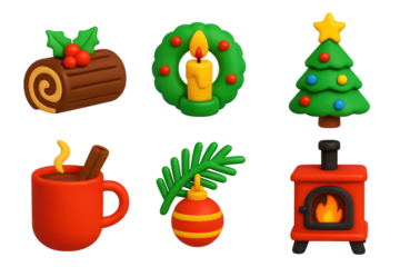 Festive Christmas Icons. 3D icon set of Christmas traditions: Yule log cake, candle-lit wreath, Christmas tree, hot cider mug,