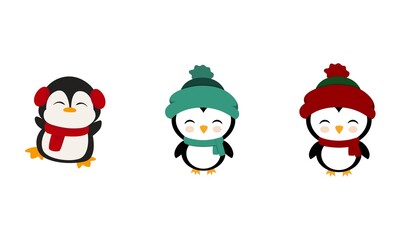 Adorable Winter Penguins Icon Set Isolated on White Background Illustration Vector 300 DPI. Cute penguins  in winter outfits clip art, perfect for kids decor, holiday cards, and prints.