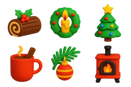 Festive Christmas Icons. 3D icon set of Christmas traditions: Yule log cake, candle-lit wreath, Christmas tree, hot cider mug,
