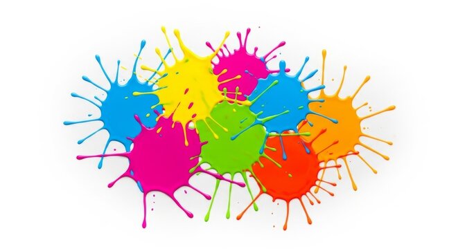 A collection of vibrant, colorful paint splatters overlapping on a clean white background, symbolizing creativity, artistic expression, and the playful energy of abstract modern art.

