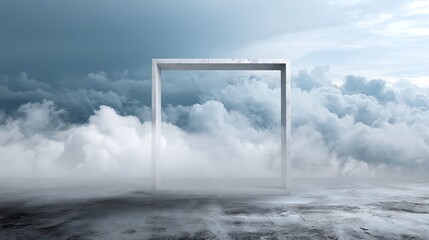High quality image of abstract square portal with cloudy sky and fog on the ground in the background.