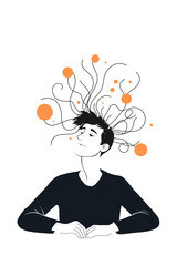 Modern illustration of a person with abstract lines and circles emerging from the head, symbolizing creativity, imagination, overthinking, and mental flow in minimalist style.