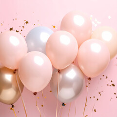 Pastel balloons floating against a pink backdrop with gold confetti