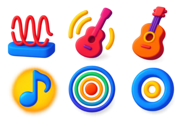 3D Music Icon Set. 3D icon set of musical resonance visuals: string vibration waves, echo lines from instrument, wooden body