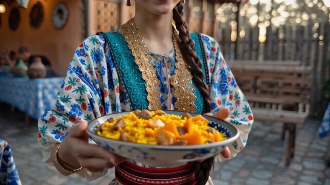 Young Uzbek woman showing a typical Uzbek dish palov to the camera