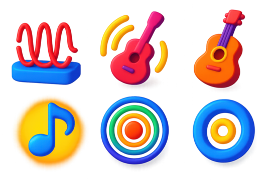 3D Music Icon Set. 3D icon set of musical resonance visuals: string vibration waves, echo lines from instrument, wooden body