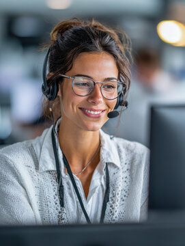 Friendly female customer service representative wearing glasses and headset smiling while assisting clients in a modern office environment