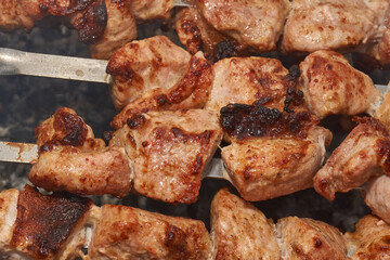 Large pieces of pork being grilled on skewers over hot charcoal. Delicious barbecue with a golden crust cooking outdoors during a picnic or countryside gathering.