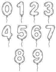 Set of vector balloon numbers from 0 to 9, birthday balloon font number collection, balloon shaped vector numbers