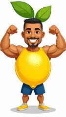 Cartoon lemon man flexing muscles with green leaves fitness concept