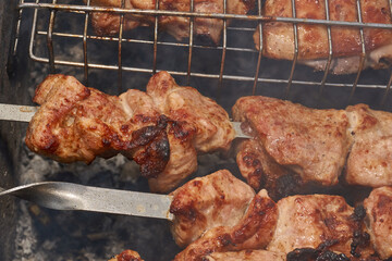 Large pieces of pork being grilled on skewers over hot charcoal. Delicious barbecue with a golden crust cooking outdoors during a picnic or countryside gathering.