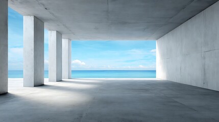 High quality image of spacious concrete hall with pillars overlooking the ocean on a sunny day.