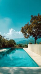 High quality image of swimming pool in a tropical resort with mountain views on a sunny day.