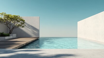 High quality image of swimming pool with tree and wall under blue sky on a sunny day.
