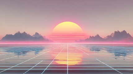 High quality image of synthwave sunset over the ocean with mountains and grid, retro futuristic scene.