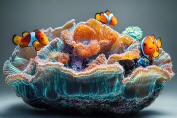 A stunning underwater scene featuring multiple vibrant clownfish swimming around a richly colored coral formation. The coral displays vivid orange, teal, and purple patterns.
