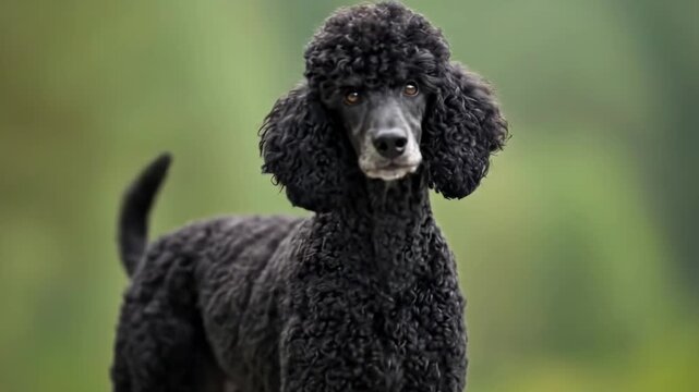 A majestic black poodle stands elegantly outdoors, looking directly at the camera with an alert and gentle gaze. Its distinctive curly coat and dignified posture are highlighted against a softly blurr