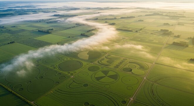 A stunning aerial view of expansive farmland featuring intricate crop circles, geometric patterns, and a layer of morning mist, highlighting the beauty and diversity of agricultural landscapes at sunr - Powered by Adobe
