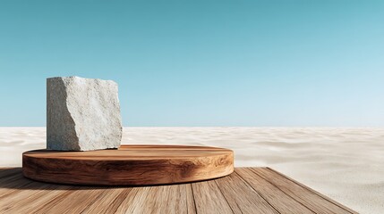 High quality image of wooden podium with stone on sand dune against blue sky for product display.