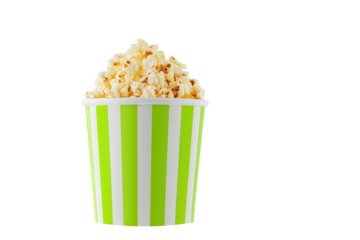 Delicious popcorn, classic box, classic paper cup with Green stripe, isolated on white background close-up