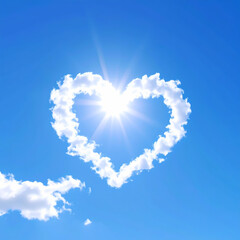 Heart shaped cloud with bright sunlight in the clear blue sky