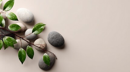 High quality image of zen stones and green leaves on beige background, spa and wellness concept.