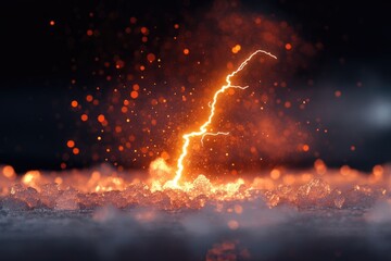 A powerful orange lightning bolt ignites an icy landscape, creating a dramatic contrast of fire, ice, sparks, and ethereal mist against a dark background.